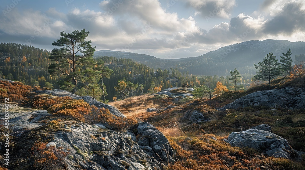 Obraz premium hill with rocks and trees in the sun