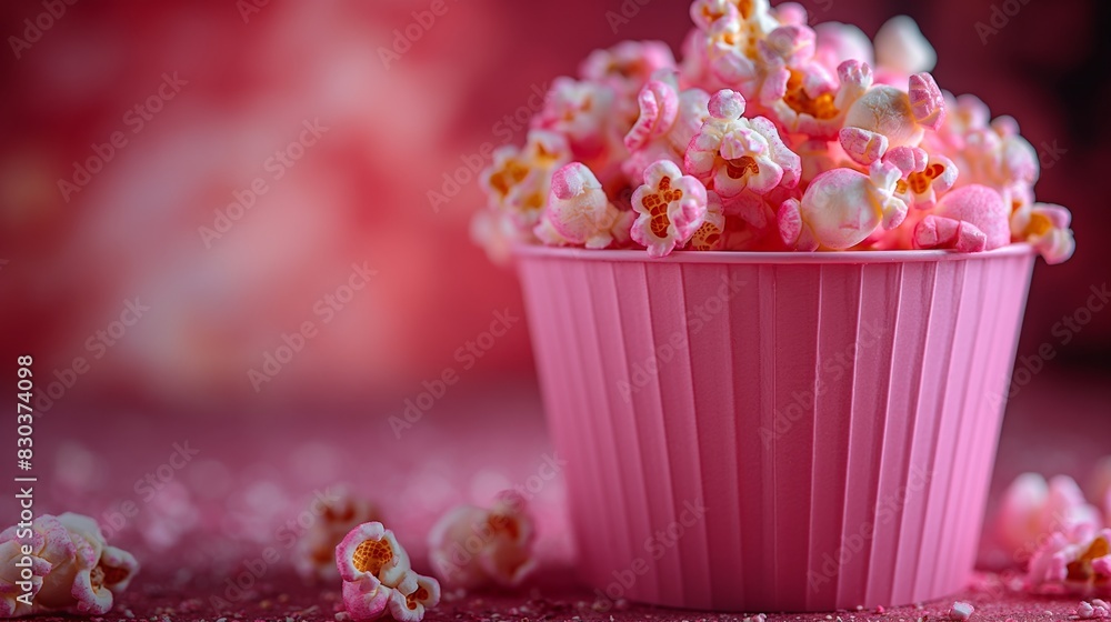 Pink bucket of popcorn stands on a plain background. Heart, romance, love, date, valentine's day, movie, food, day off, snack, fun, entertainment, pack, corn, film, cinema, card, symbol, sweet. Pink bucket of popcorn stands on a plain background. Heart, romance, love, date, valentine's day, movie, food, day off, snack, fun, entertainment, pack, corn, film, cinema, card, symbol, sweet.