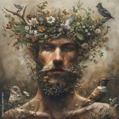 Nature lover with floral crown and birds photo