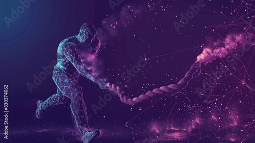 Power and strength low poly wireframe banner template. 3D strong sportsman exercising with heavy battle ropes with connected dots.
