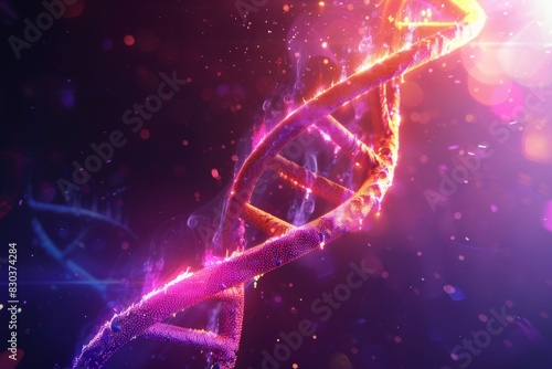 A closeup image of a glowing DNA strand against a dark background