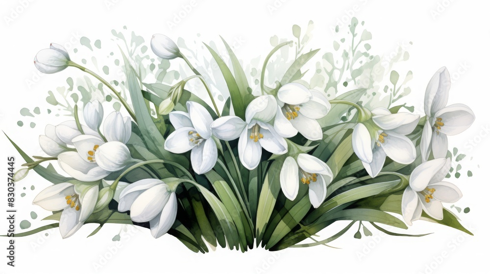 Obraz premium A beautiful watercolor illustration of white snowdrop flowers in full bloom with green leaves and delicate background details. Perfect for springtime.