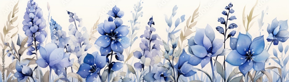A beautiful watercolor painting of blue flowers and foliage on a light background, perfect for home or office decoration. A beautiful watercolor painting of blue flowers and foliage on a light background, perfect for home or office decoration.