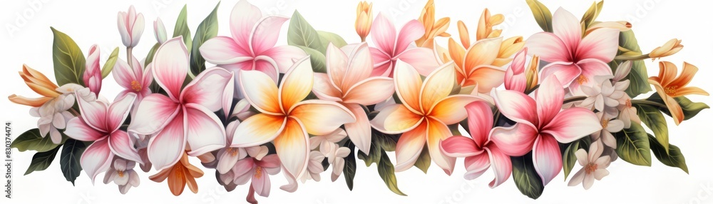 Obraz premium A vibrant and colorful floral arrangement featuring a variety of blooming flowers in shades of pink, orange, and white, with green leaves.