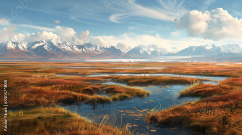 A vast  open tundra with low vegetation  small pools of water  and a distant mountain range