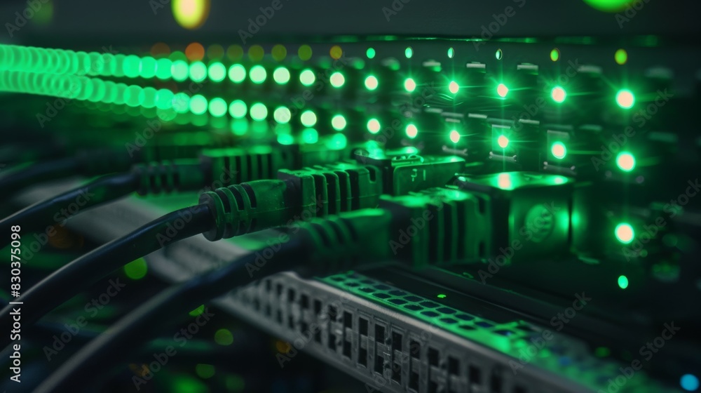 A green electrical cable is connected to a green light, network Internet or Ethernet cable A green electrical cable is connected to a green light, network Internet or Ethernet cable