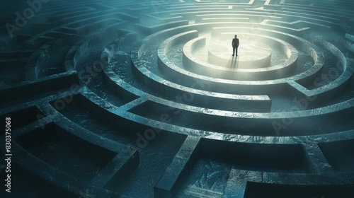 A man is standing in a maze with a blue background, business concept