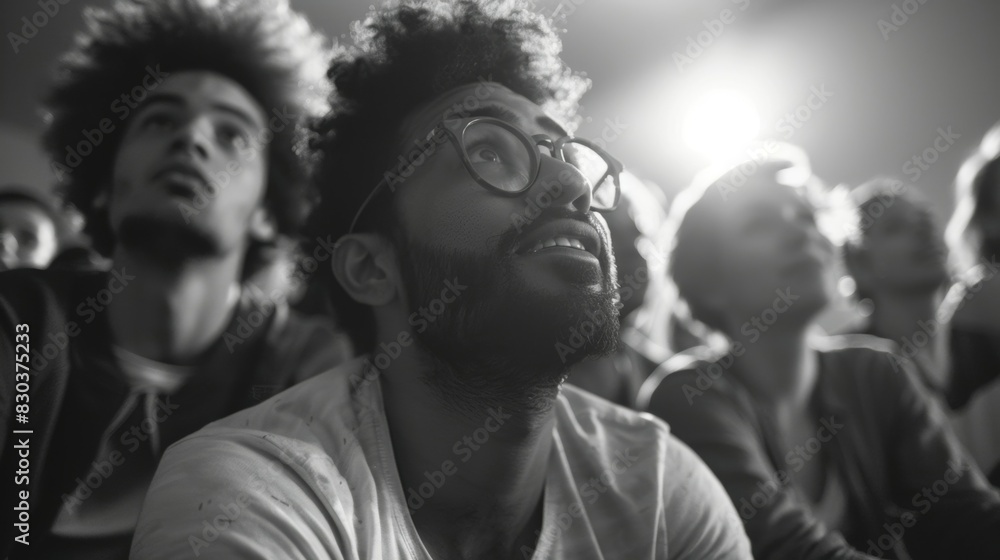 A man with glasses is looking up at a crowd of people, football on TV A man with glasses is looking up at a crowd of people, football on TV