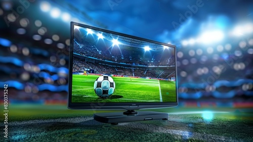 A soccer ball is on a television screen in a stadium, football broadcast live on TV © top images