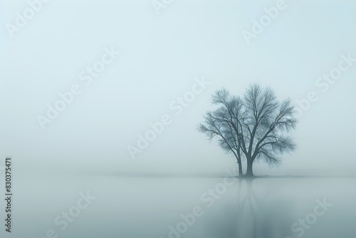 Ethereal Serenity: A Lone Tree Fading Into the Misty Landscape, Emphasizing Tranquility and Introspection