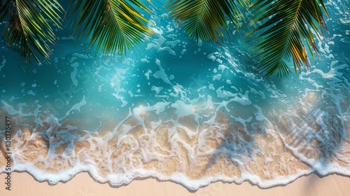 Overhead view of a white foamy waves hitting a tropical beach flanked by green palm trees © familymedia