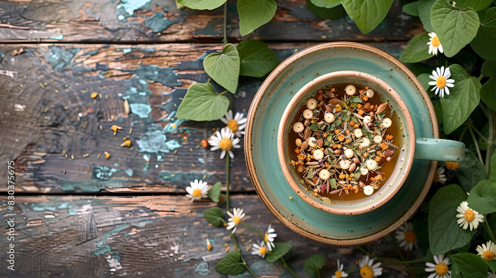A cup of herbal tea garnished with flowers on a rustic wooden table, surrounded by green leaves and daisies. A cup of herbal tea garnished with flowers on a rustic wooden table, surrounded by green leaves and daisies.