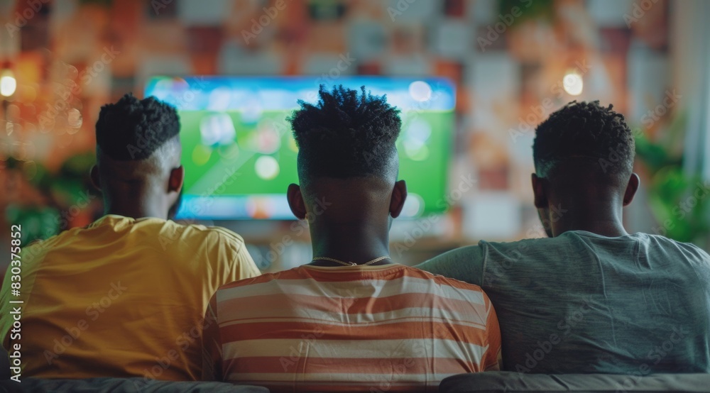 Three men are sitting on a couch in front of a television, fans cheer for the football team on TV Three men are sitting on a couch in front of a television, fans cheer for the football team on TV