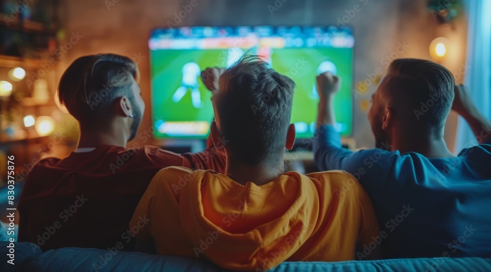 Three men are sitting on a couch watching a soccer game, fans cheer for the football team on TV