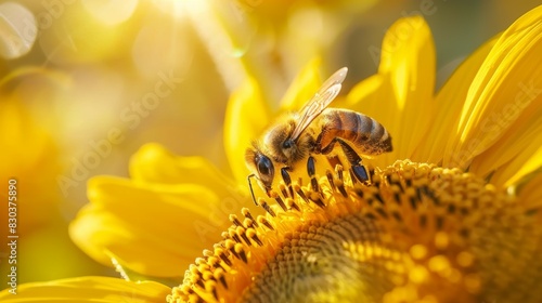 A bee is on a yellow flower, sunflower background © top images