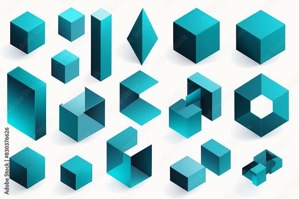Set of 3D-style elements in cubic shapes, teal blue color, isolated on white background Set of 3D-style elements in cubic shapes, teal blue color, isolated on white background