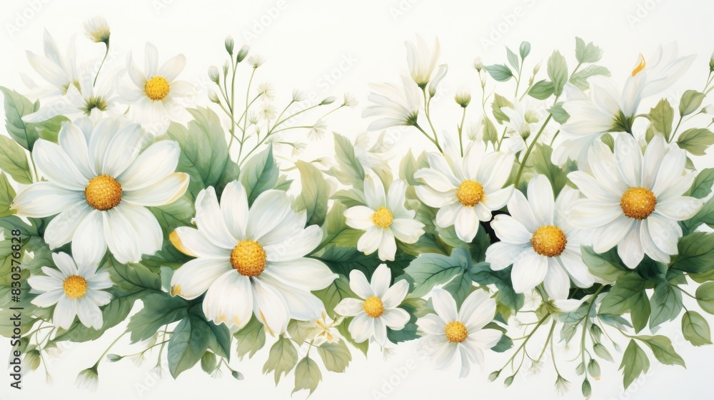 Fototapeta premium Beautiful watercolor painting of white daisies with green leaves, showcasing natural elegance and delicate floral artistry.