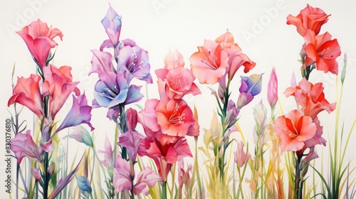 Beautiful watercolor painting of vibrant gladiolus flowers in a garden, showcasing a range of colors from pink to purple.