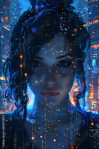 Portrait of a woman with digital holographic overlays  symbolizing the integration of technology and human identity  perfect for tech presentations  sci-fi themes  and digital innovation concepts.