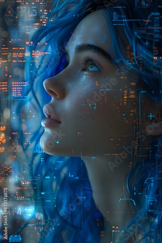 Portrait of a woman with blue hair and digital holographic overlays  symbolizing the integration of technology and human identity  perfect for tech presentations  sci-fi themes  and digital innovation