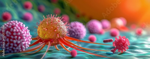 Cancer cell targeted by drug 3D model flat design front view, modern treatment theme, animation, vivid