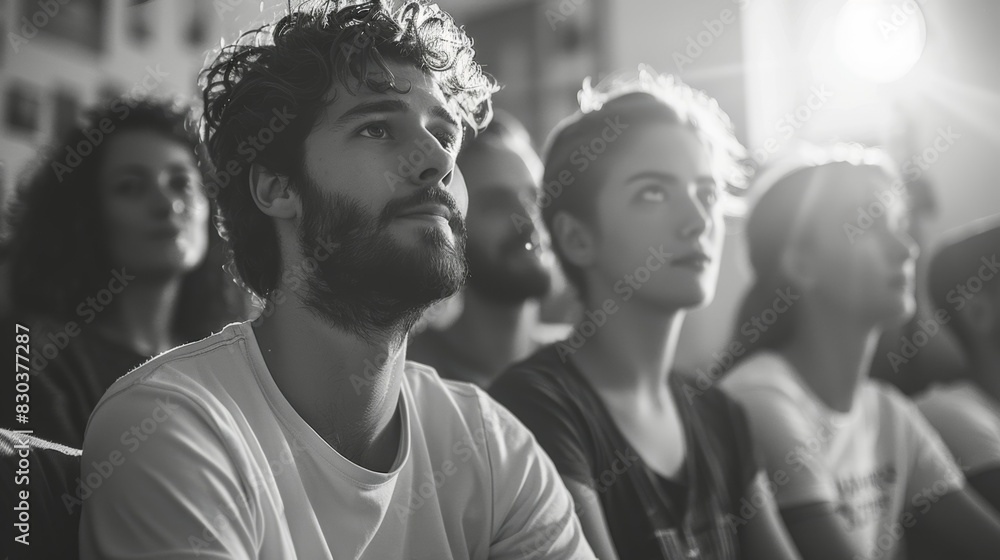 Obraz premium A group of people are sitting in a room, watching a movie, football on TV