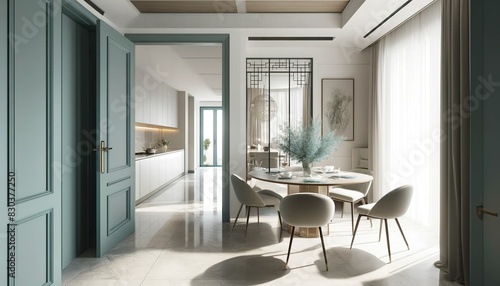 A modern dining room with minimalist design, neutral colors, and high-end Minotti furnishings