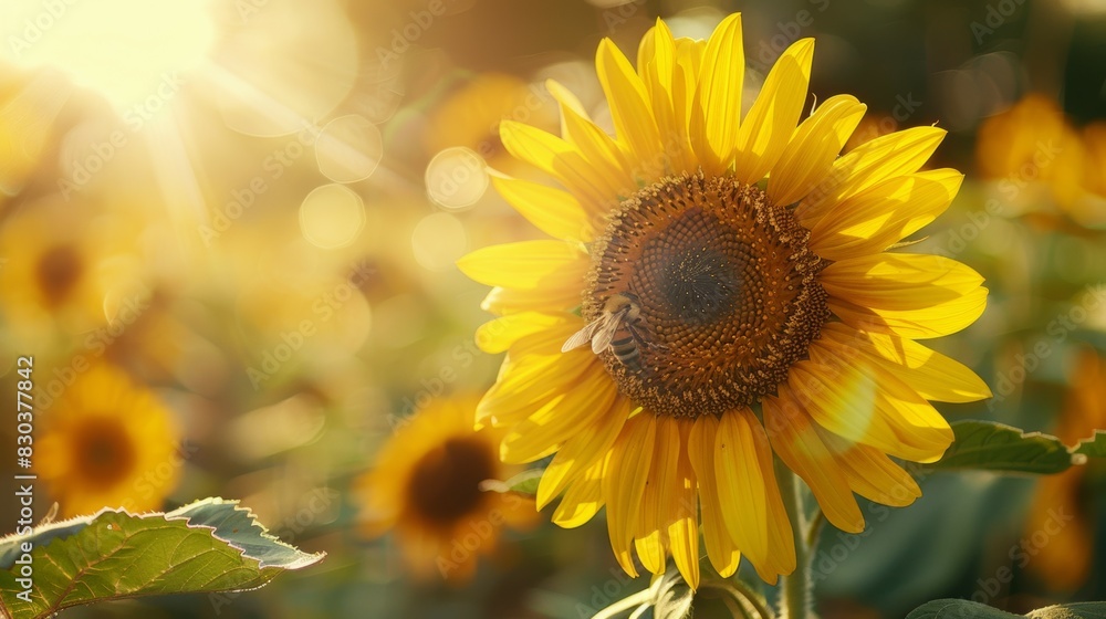 Fototapeta premium A yellow sunflower with a bee on it