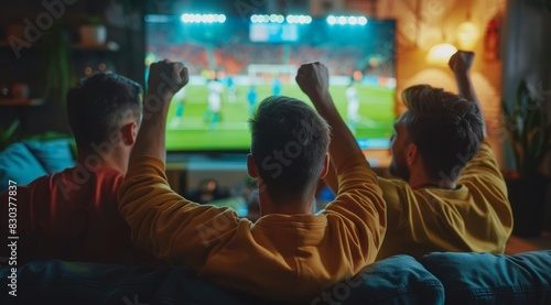 Three men are sitting on a couch  cheering for a soccer game on a television  fans cheer for the football team on TV