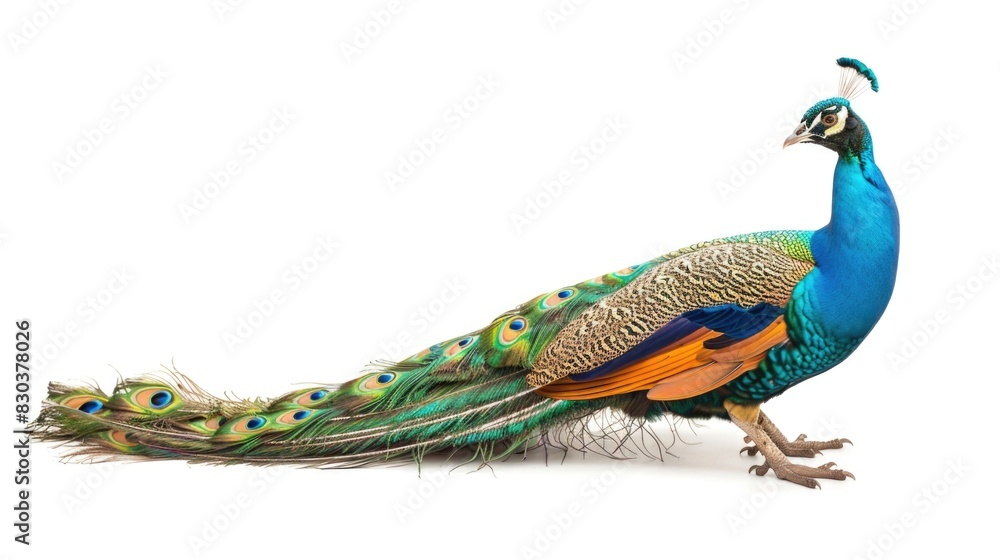 Fototapeta premium Majestic peacock standing gracefully on a white background. Ideal for various design projects