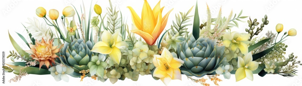 Obraz premium Vibrant botanical arrangement featuring succulents, yellow flowers, and lush greenery. Perfect for designs, invitations, and nature-themed projects.