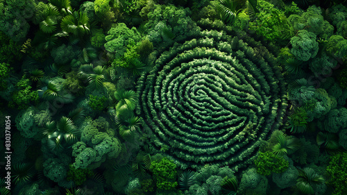 Aerial top down view of a green forest with human fingerprint in the middle , deforestation and human impact on nature biodiversity concept