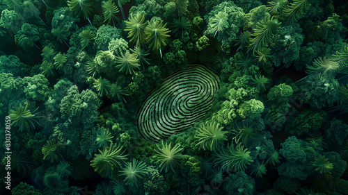 Aerial top down view of a green forest with human fingerprint in the middle , deforestation and human impact on nature biodiversity concept photo
