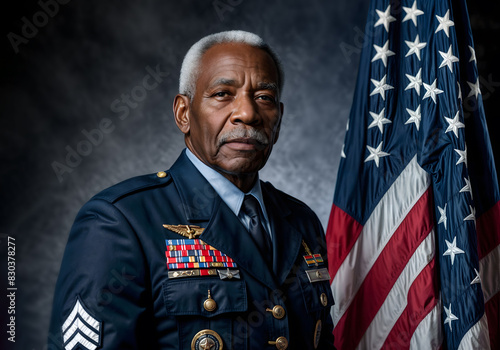 Veterans Day. Elderly african american man dressed in military uniform with medals on his chest standing in front of an American flag
