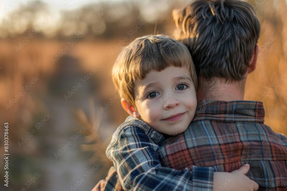 A heartwarming image of a young boy hugging his father in a beautiful field. Perfect for family-themed designs A heartwarming image of a young boy hugging his father in a beautiful field. Perfect for family-themed designs