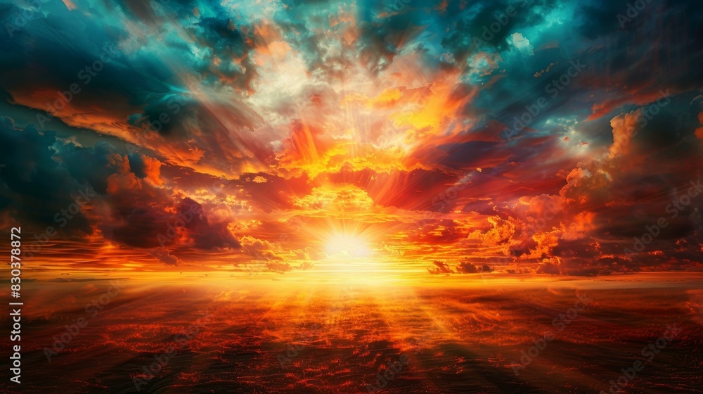 Fototapeta premium Breathtaking sunset floods the sky with vivid, dramatic hues.