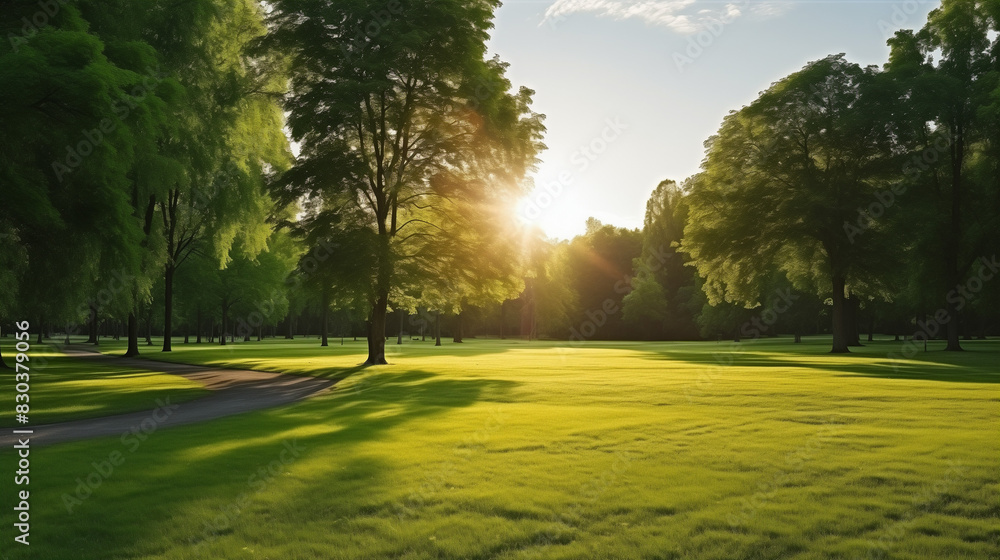 Obraz premium beautiful morning light in public park with green grass field 
