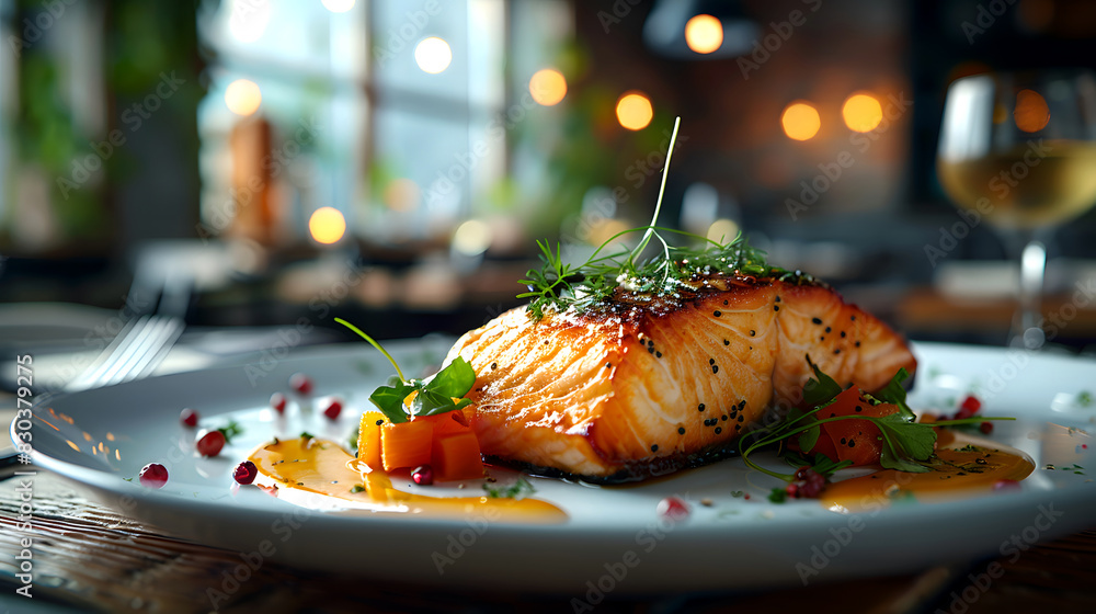 custom made wallpaper toronto digitalGourmet dish with microgreens and tomatoes in a fine dining setting. Cinematic view, restaurant, elegant meal, food and wine, sophisticated meal, food styling, delicious meal