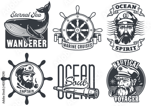 Photos Monochrome set of nautical emblems featuring marine elements like a whale, ship