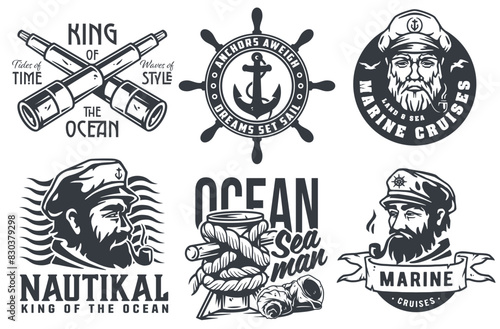 Collection of stylized nautical emblems featuring maritime symbols, sailor portraits, and ocean adventure text in monochrome