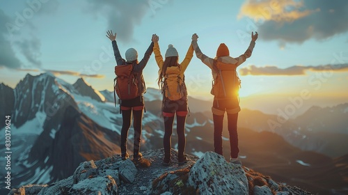 Unity in Success: Trio on Mountain Top with Raised Hands