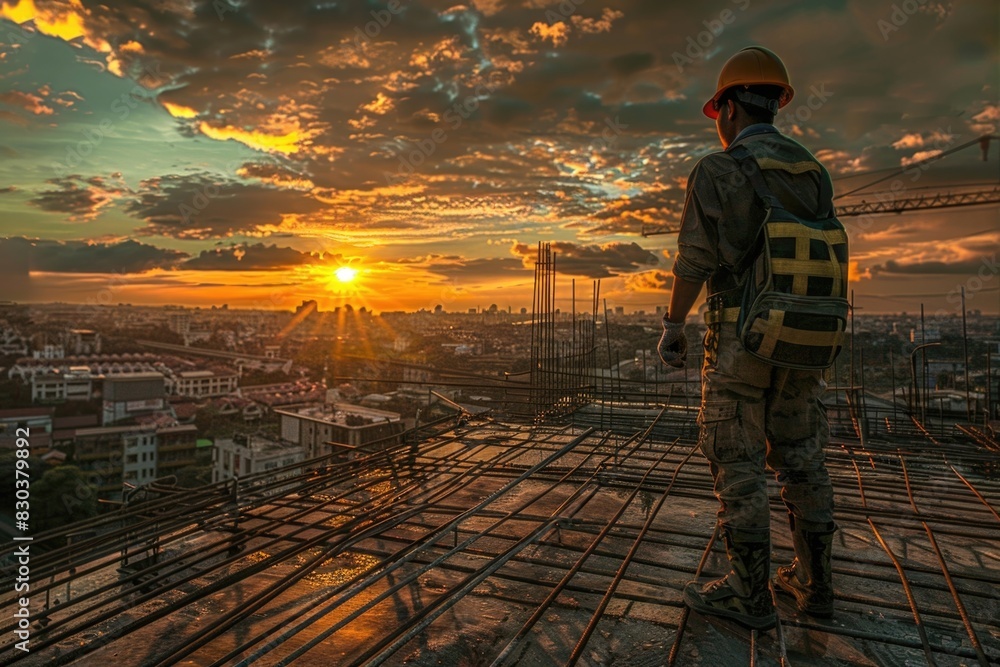 A construction worker standing on top of a building. Suitable for construction industry concepts A construction worker standing on top of a building. Suitable for construction industry concepts