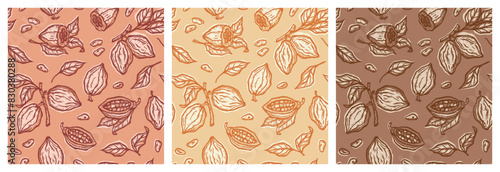 Vector Set of Three Seamless Floral Patterns with Cacao Pods. Cocoa Beans and Leaves. Tropical Fruits. Great for Packaging design of Chocolate or cocoa powder. Hand drawn.