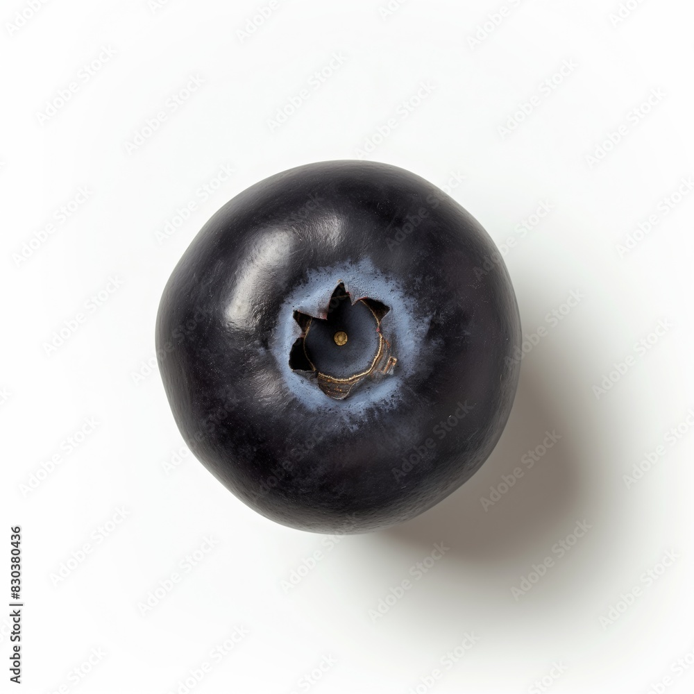 High angle view of a single dark blue blueberry on a white background highlighting its texture High angle view of a single dark blue blueberry on a white background highlighting its texture
