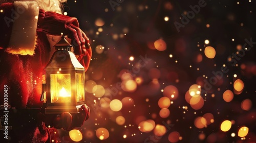 Silhouettes of Santa's hands with an old lamp - icon in blurred style. Light effect of the spotlight is an element of the Christmas photo