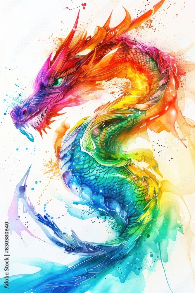 A vibrant dragon painting on a white background. Ideal for fantasy-themed designs A vibrant dragon painting on a white background. Ideal for fantasy-themed designs