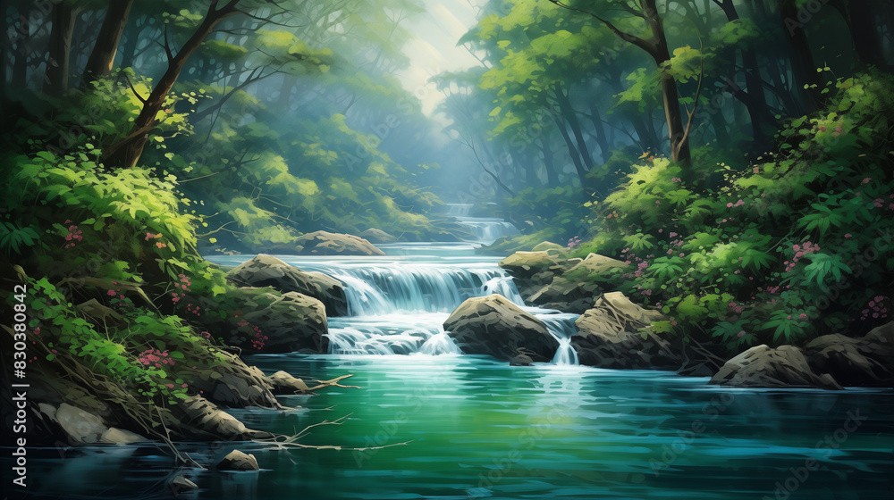 Beautiful stream painting in tropical forest - beautiful natural landscape in the forest Beautiful stream painting in tropical forest - beautiful natural landscape in the forest