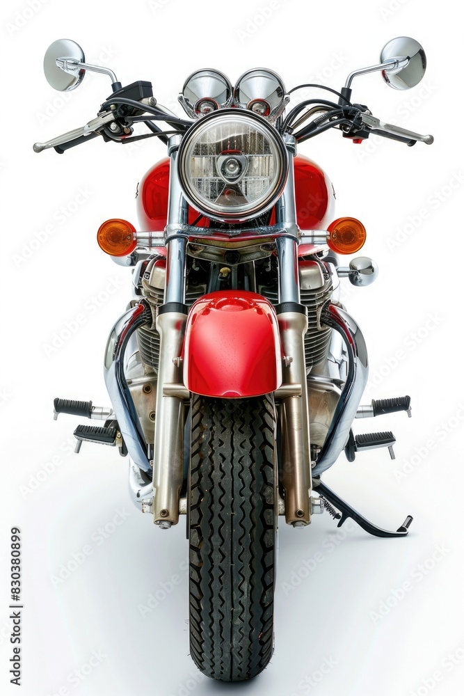 Fototapeta premium A red motorcycle parked on a white surface, perfect for automotive and transportation concepts
