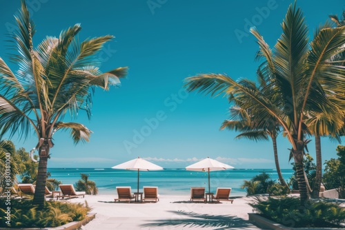 Luxurious beach resort with lounge chairs  umbrellas  palm trees  and clear blue sky