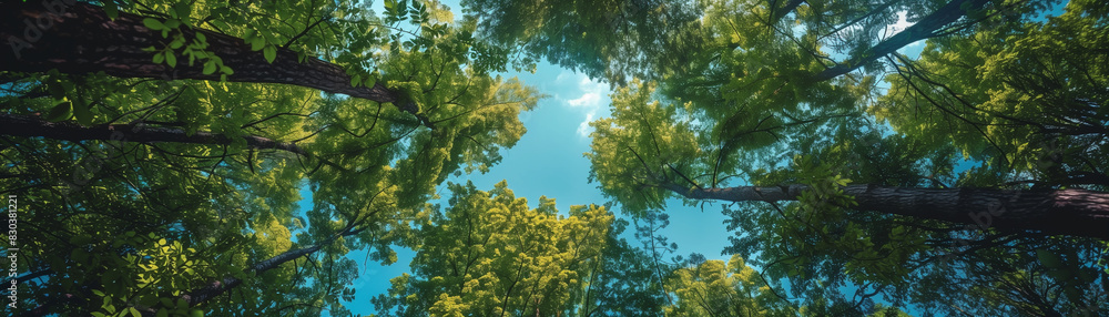 A forest with trees and a blue sky A forest with trees and a blue sky